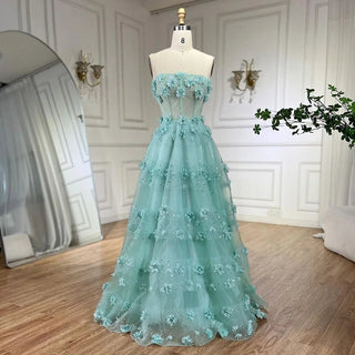 Arabic Mint Strapless Applique Elegant A-Line Long Evening Dress - Perfect for Women's Wedding Parties 2024