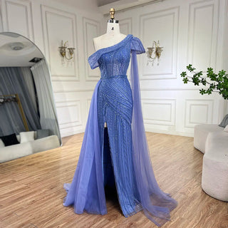 Arabic Blue One-Shoulder Yellow High-Split Mermaid Beaded Evening Gown for Women Wedding Party 2024