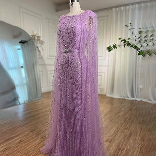 Ships in 1 to 3 Days - Arabic Purple Mermaid Long Evening Dress with Cape Sleeves - Beaded Luxury Dubai Gown for Women's Party