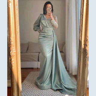 Muslim Green Mermaid Satin Elegant Beaded With Skirt Evening Dress - Women's Party Gown 2024