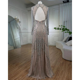 Ships in 1 to 3 Days - Arabic Silver Nude Long Sleeves Beaded Dubai Mermaid Evening Gown 2024: Elegant Party Dress for Women