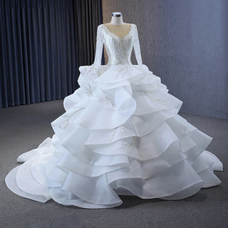 Luxury Long Sleeve Ruched Empire Bridal Wedding Ball Gown Dress