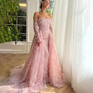 Ships in 1 to 3 Days - 2024 Pink Strapless Back Lace-Up Mermaid Evening Gown with Overskirt and Appliques for Women Wedding Party