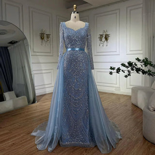 Ships in 1 to 3 Days – Arabic Blue Sweetheart Mermaid Evening Gown Beaded Overskirt - Luxury Dresses for Woman's Wedding Party 2024