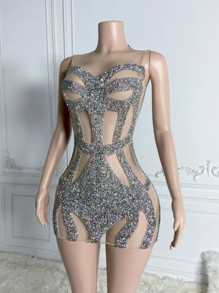 Ships in 1 to 3 Days - Glittering Cut-Out Bodice Mini Dress with Rhinestone Embellishments