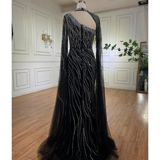 Black Mermaid Elegant Cape Sleeves Beaded Luxury Evening Dress Gown for Women's Arabic Party 2024