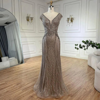 Ships in 1 to 3 Days - Dubai Beige Elegant Sleeveless Mermaid Beaded Arabic Evening Dresses Gowns for Women Wedding Party 2024