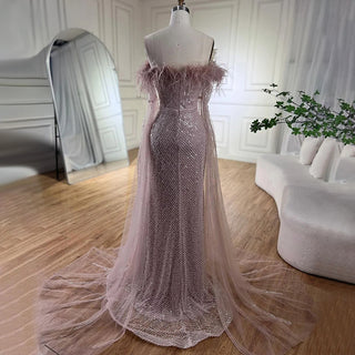 Pink Cape Sleeves Mermaid Yellow Evening Dresses Gowns Luxury Beaded Feathers For Women Wedding Party 2024