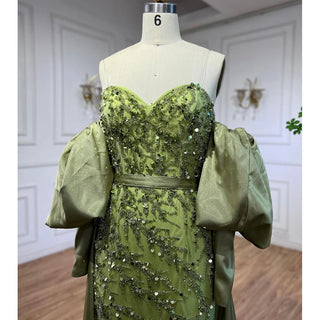 Ships in 1 to 3 Days - Arabic Olive Satin Mermaid Strapless Puff Sleeves Beaded Evening Dress - Gown for Women's Wedding Party 2024