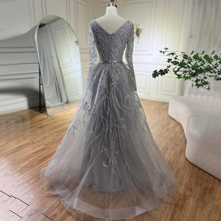 2024 Muslim Gray A-Line Evening Luxury Dubai Dress - Beaded Gown for Women's Wedding Party