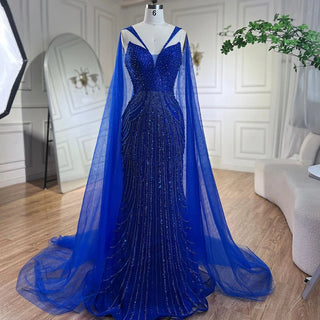 Ships in 1 to 3 Days - Arabic Blue Mermaid Elegant Evening Gown 2024: Cape Sleeves, Beaded, for Women's Wedding Party