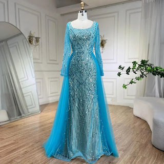 Ships in 1 to 3 Days - Blue Serenity: 2024 Muslim Elegant Mermaid Evening Dress with Overskirt - Beaded Gown for Women's Wedding Party