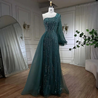 Arabic Blue Mermaid Evening Gown with Beaded Overskirt - Luxury Dress for Women's Wedding Party 2024