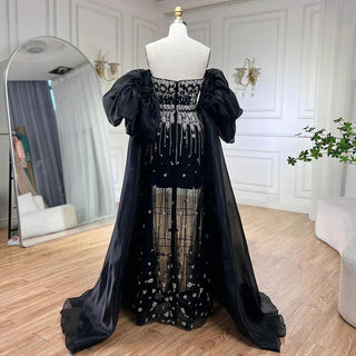 Black Mermaid Evening Gown with Puff Sleeves: Beaded Overskirt Design for Women's Party