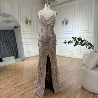 Silver Nude Beaded Spaghetti Strap Mermaid Evening Dress – 2025 Customized Glamour