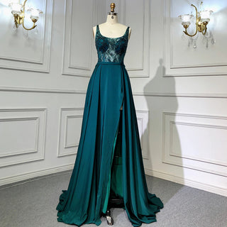 Green Satin Mermaid Evening Dress with Elegant Beaded Detail and High Split - Women's Party Gown 2024