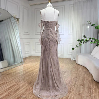 Ships in 1 to 3 Days - Caramel Mermaid Halter Sleeveless Evening Gown with Gloves - Beaded Elegant Party Dress for Women 2024