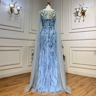 Blue Mermaid Sexy Long Cape Sleeves Evening Dress - High Split Luxury Beaded Gown 2024 for Women's Party