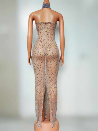 Elegant Crystal-Embellished High-Neck Gown