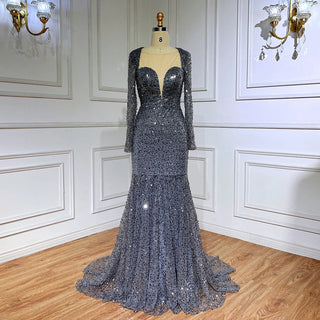 Muslim Grey Mermaid Sparkle Sequin Beaded Luxury Evening Dresses Gowns 2024