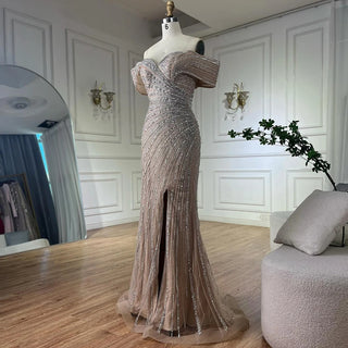 Silver Nude Mermaid Beaded Evening Dress with High Split – 2025 Customized Arabic Elegance