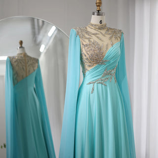 Luxury Crystal Turquoise Blue Evening Dress with Cap Sleeves: 2024 High Neck Arabic Women Wedding Party Dress