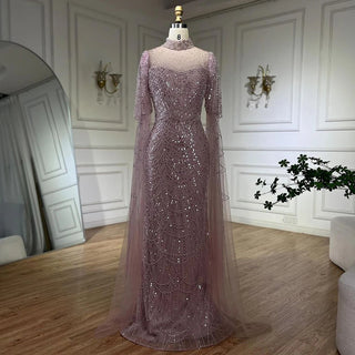 Dubai Pink Cape Sleeves Mermaid Beaded Luxury Long Arabic Evening Dress - Gown for Women's Wedding Party