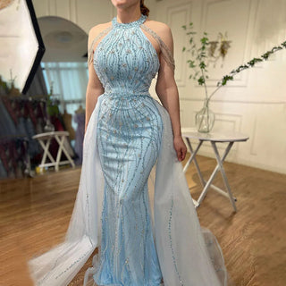 Chic Blue Halter Sleeveless Mermaid Elegant Overskirt Beaded Evening Gown - 2024 Formal Party Dress for Women