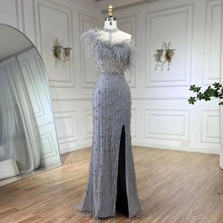 Gray Elegant Halter Feathers Beaded Luxury Mermaid High Split Evening Dress: Party Gown for Women