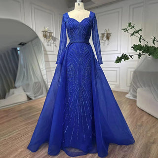 Muslim Royal Blue A-Line Sweetheart Beaded Evening Dress - Luxury Dubai Gown for Women Wedding Party