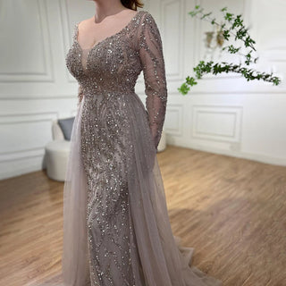 Ships in 1 to 3 Days - Arabic Caramel Mermaid Evening Gown 2024: Elegant With Overskirt, Beaded Luxury for Women's Party