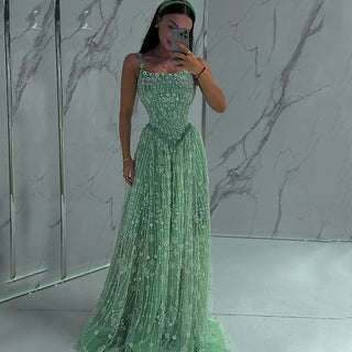 Ships in 2 to 5 Days - 2025 Sage Green Saudi Beaded A-Line Evening Gown with Spaghetti Straps – Customized Elegance