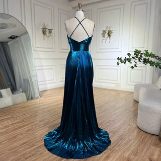 Ships in 1 to 3 Days - Arabic Navy Blue Halter Straps Front Slit Mermaid Beaded Evening Gown for Women Wedding Party 2024