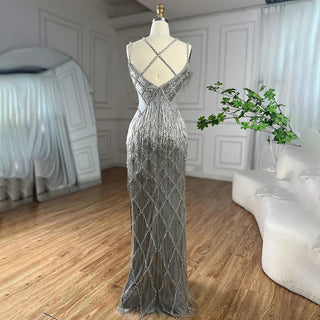 Dubai Silver Mermaid Evening Gown 2024 with Gold Beaded Tassel - Luxury Spaghetti Strap Party Dress for Women