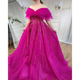 Fuchsia A-Line Luxury Evening Gown 2024: Boat Neck, Beaded for Women Party