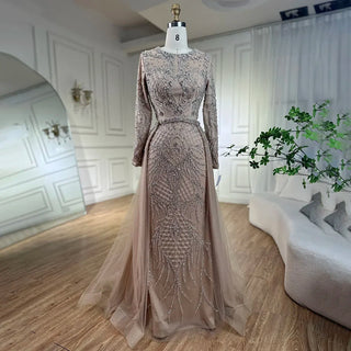 Ships in 1 to 3 Days - Silver Nude Mermaid Over Skirt Beaded Luxury Dubai Evening Dress Gown Long for Women Wedding Party 2024