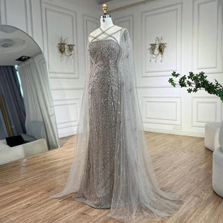 Mermaid Caramel Evening Gown with Elegant Cape Sleeves and Beaded Detailing for Women's Wedding Party 2024