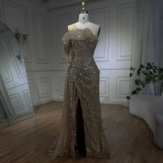 2024 Nude One-Shoulder Split Beaded Dubai Luxury Mermaid Evening Dress - Gown for Women's Wedding Party