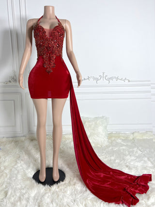 Ships in 1 to 3 Days - Velvet Scarlet Mini Dress with Intricate Beadwork and Sheer Panels