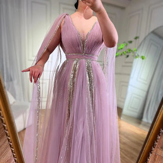 Luxury Dubai Wedding Party Gowns: Elegant Pink Evening Dress with Cape Sleeves for Arabic Women in Sage Green and Yellow