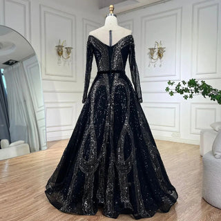 Elegant Arabic Black A-Line Evening Gown with Shiny Beaded Detailing For Women’s Wedding Party 2024