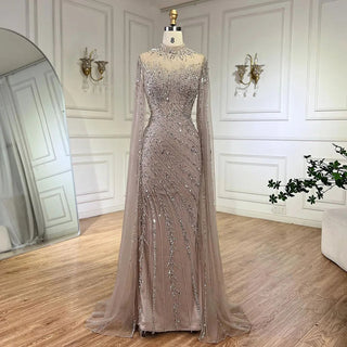 Ships in 1 to 3 Days - 2024 Nude Cape Sleeves Mermaid Lace Beaded Luxury Dubai Long Evening Dress - Perfect for Women's Wedding Parties