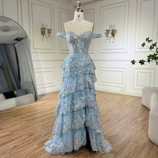 Arabic Blue Spaghetti Strap Tiered Beaded Evening Gown with Front Slit for Women - Wedding Party 2024