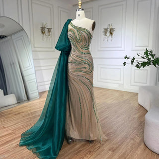 Ships in 1 to 3 Days - Emerald Enchantment: 2024 Green One Shoulder Mermaid Evening Gown with Long Cloak - Luxury Beaded Dress for Women's Wedding Party