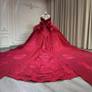 Luxury Halter Off-Shoulder Red Evening Gown with Long Tail