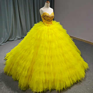 Princess Yellow Strapless Puffy Quinceañera Long Party Dress