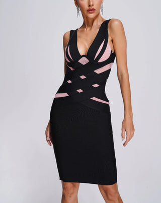 Ships in 1 to 3 Days - Sleek Black Bandage Midi Dress with Mesh Cut-Outs