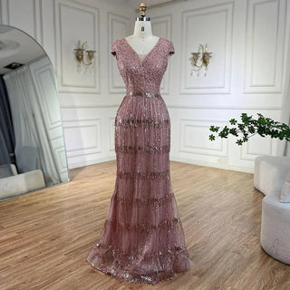 Ships in 1 to 3 Days - Luxury Dubai Arabic Mermaid Gold Elegant Tassel Beaded Evening Dresses Gowns for Women's Wedding Party 2024