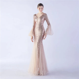 Elegant V-Neck Floor-Length Trumpet Prom Dress with Sequins for Wedding Party