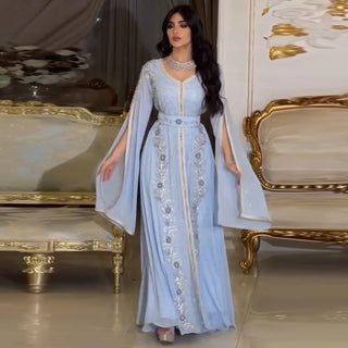 Dubai Blue Evening Dress for Women Elegant Long Sleeves Muslim Arabic Formal Wedding Party Gown